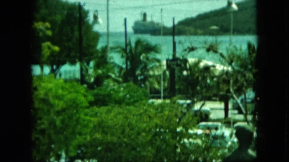Tropical waterfront scene with parked cars, palms, and a distant passenger ship, identified in metadata as Saint Thomas in 1964.