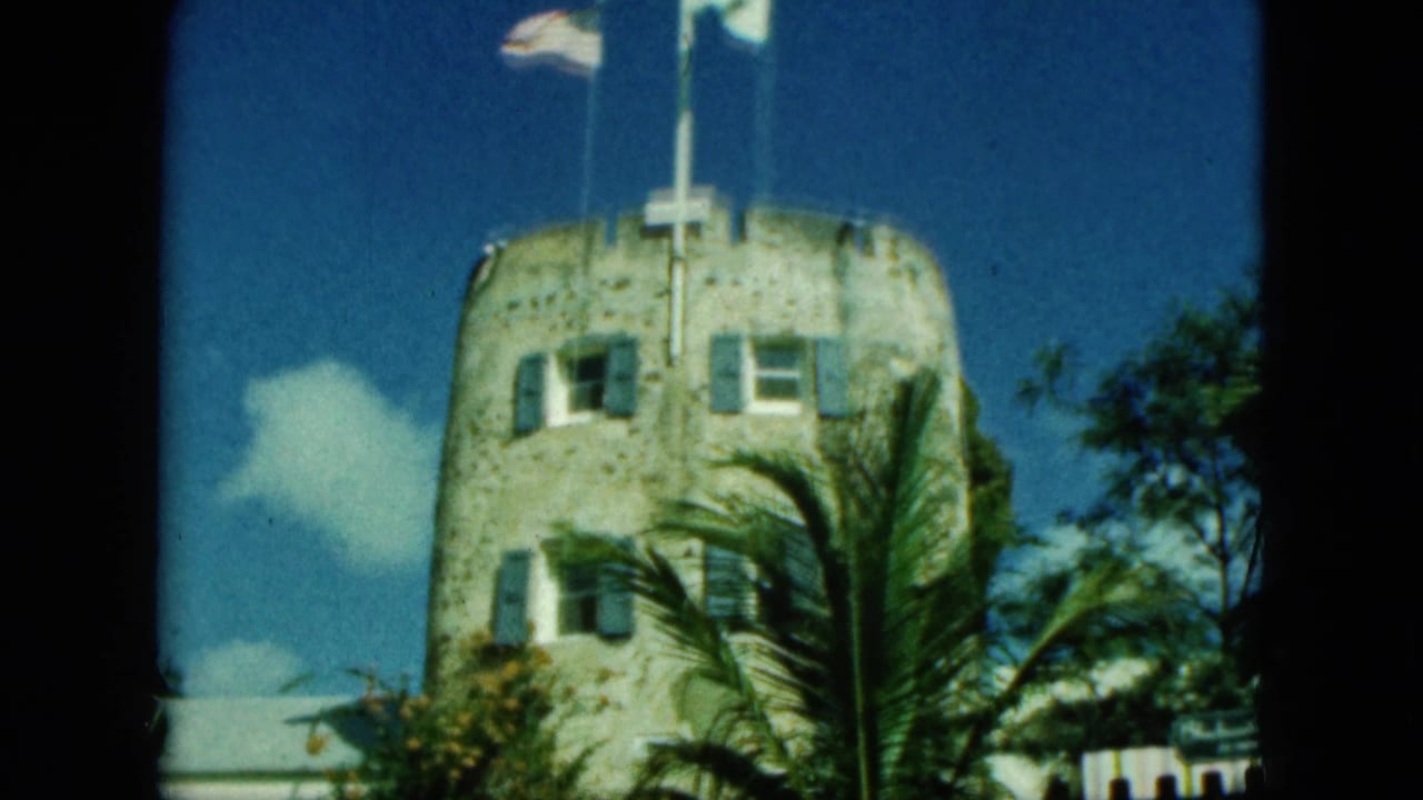 Round stone tower with flags, palm tree, shuttered windows, blue sky, and clouds.