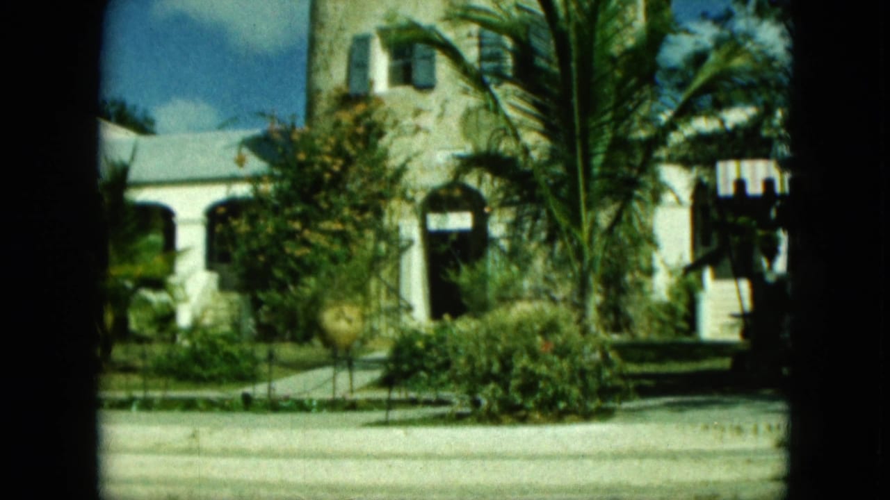 Stone building and landscaped frontage with palm trees, shrubs, roadway, and blue sky.