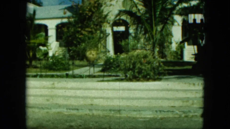 Soft 8mm frame showing a stone building entrance partly framed by palm fronds, shrubs, road, and a white side building.