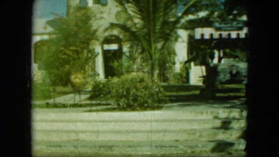 Later 8mm frame with color shift and soft focus on the tropical stone facade, palm tree, arched doorway, shrubs, and curb.