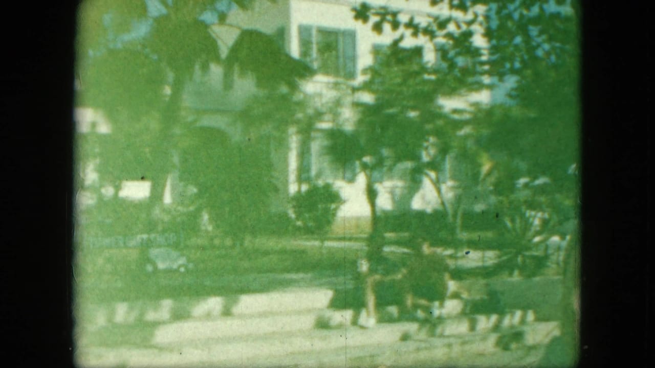 Soft green-tinted frame of a white building, palm trees, steps, and seated adults.