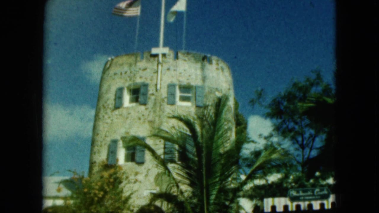 Stone tower-like building with flags, blue shutters, palm trees, and a small sign.