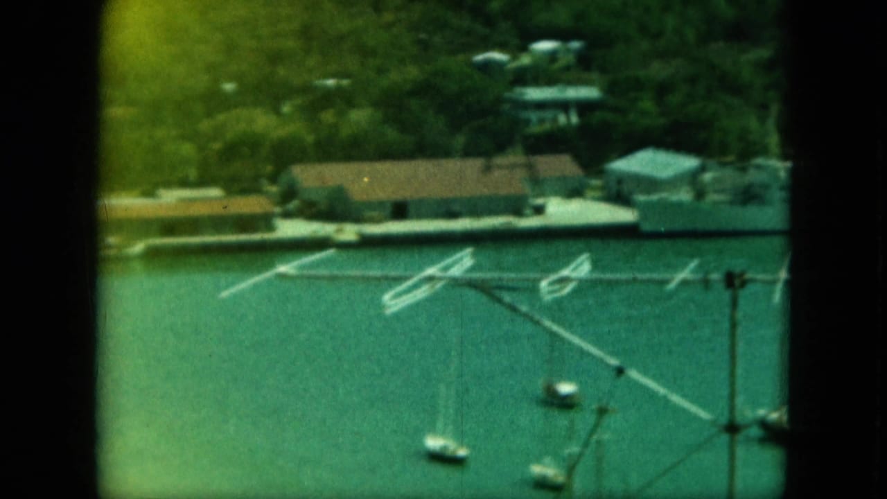 Harbor basin with docks, small sailboats, waterfront roofs, and a dark vertical obstruction.