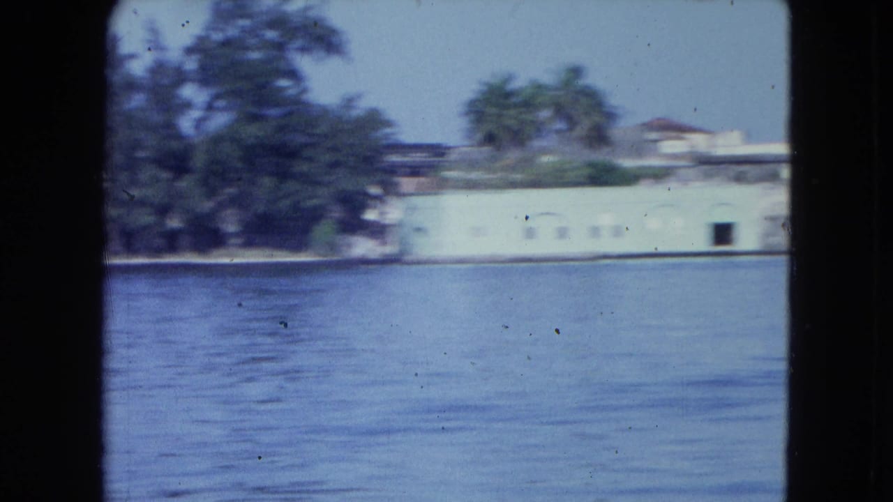 Harbor water with a pale shoreline building and trees beyond it.