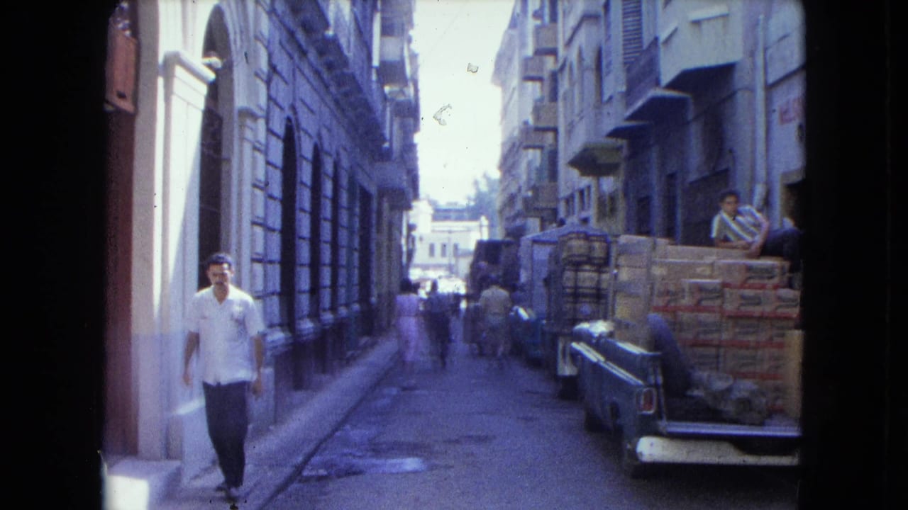 Man walking toward the camera beside parked trucks carrying stacked boxes.