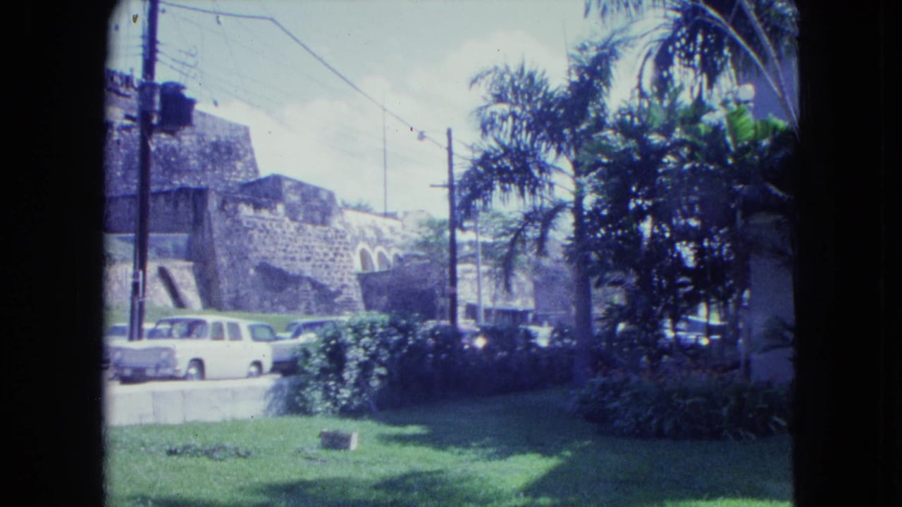 1964 San Juan roadside garden with a white car, palms, utility poles, overhead wires, and historic stone walls in the background.