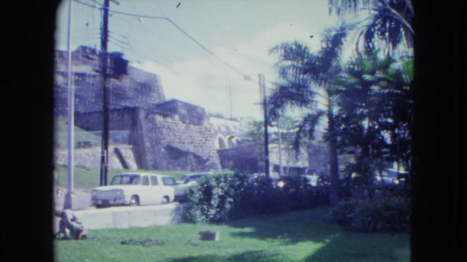 1964 San Juan roadside scene showing a white car beside a grassy garden, palm trees, utility poles, stone walls, and distant pedestrians.