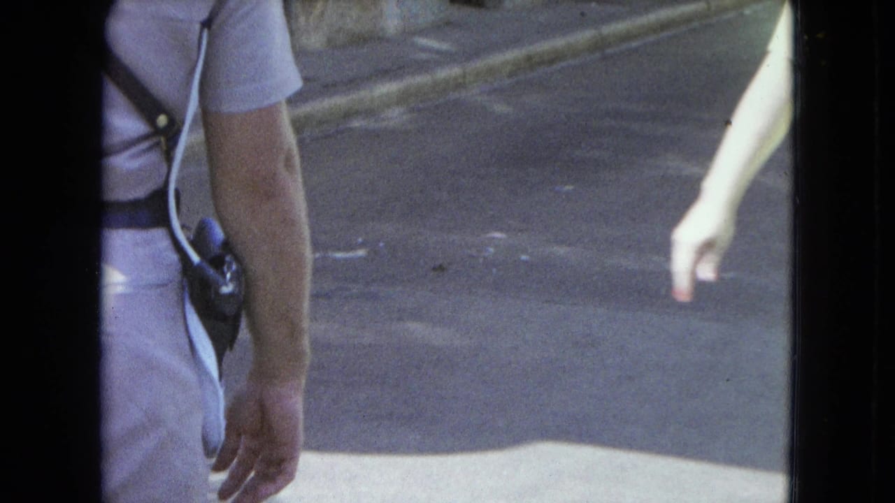 Uniformed man seen from behind on a sunlit street with a radio at his side.