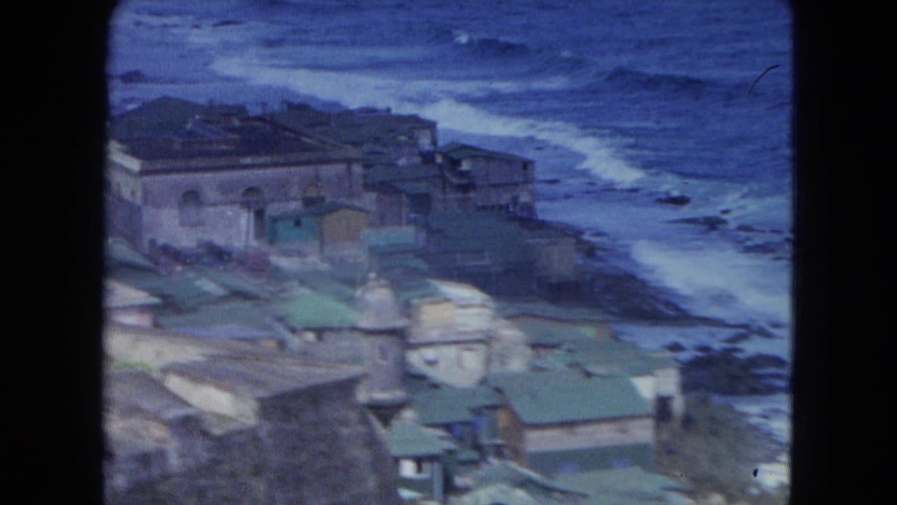 Ocean waves beside clustered coastal buildings with green roofs.