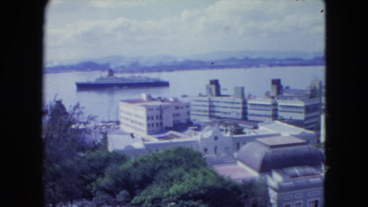 Harbor and shoreline buildings with a large ship on the water in the background.