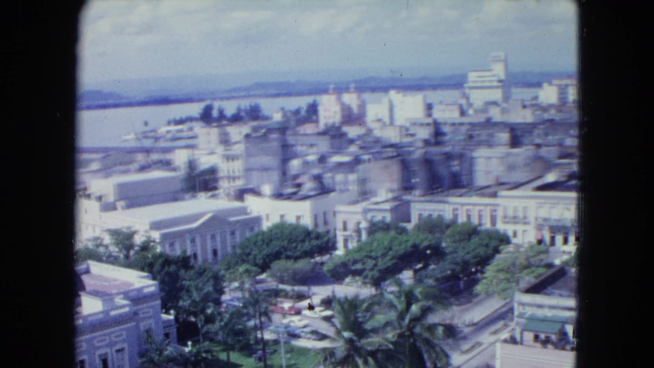 Elevated view over San Juan rooftops, palm trees, streets, and water on the horizon.
