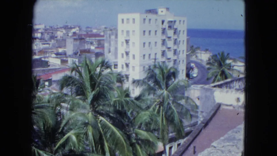 1964 San Juan travel frame with palm crowns in the foreground, city buildings, a white high-rise, and ocean beyond.