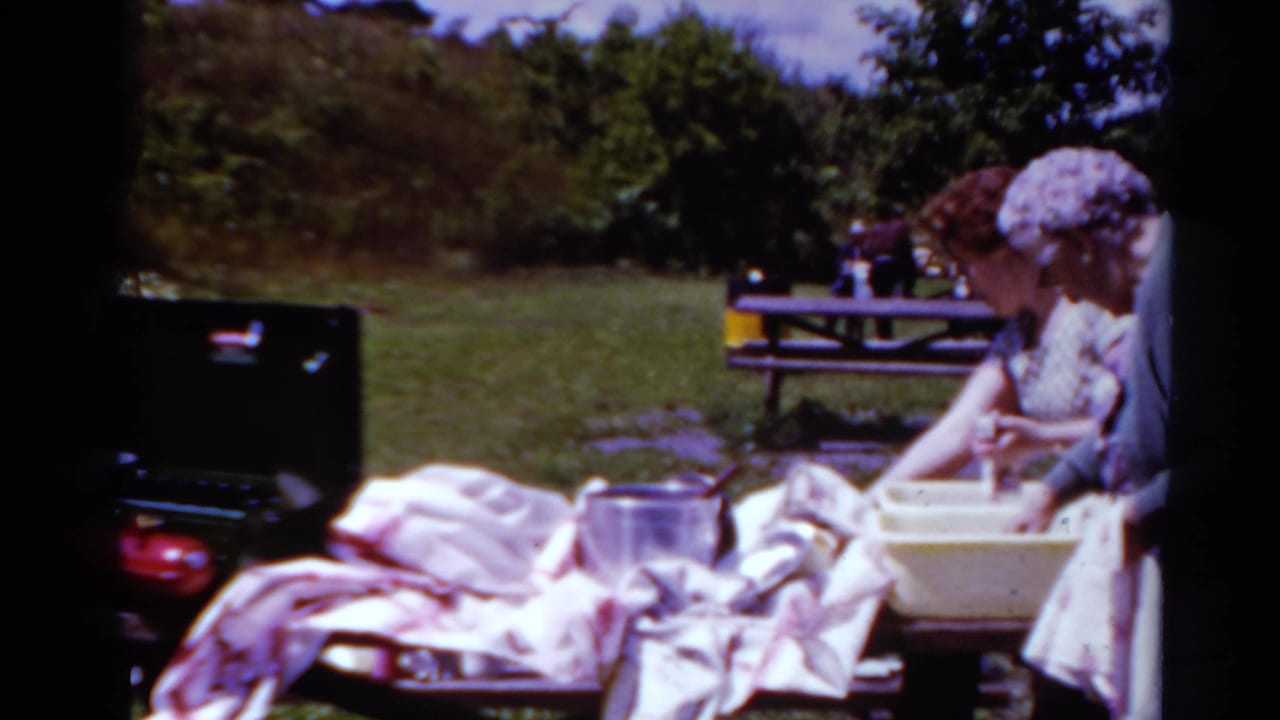 Two women work at a picnic table with dishes, cloths, and a yellow basin in a grassy park.