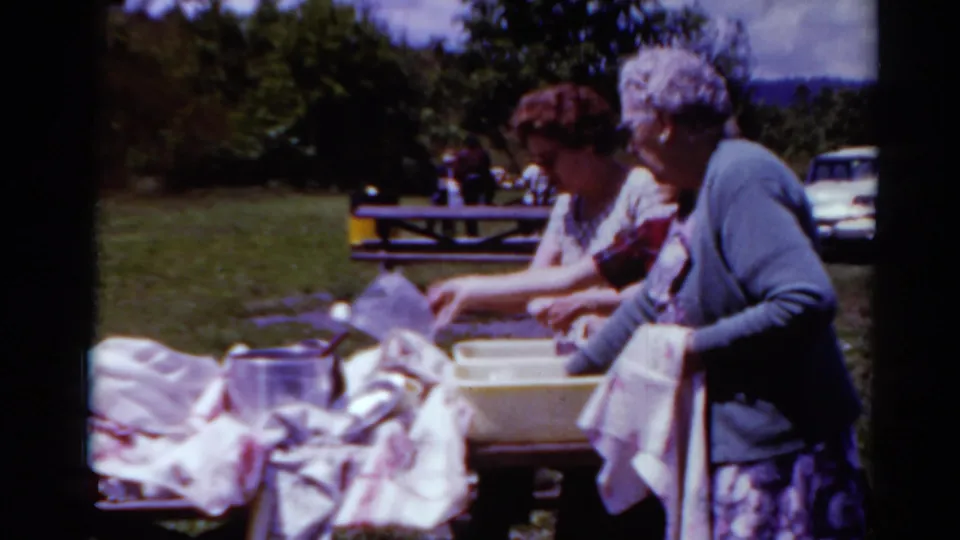 A woman reaches across picnic supplies while an older woman in a blue cardigan stands by the wash basin in the park setting.