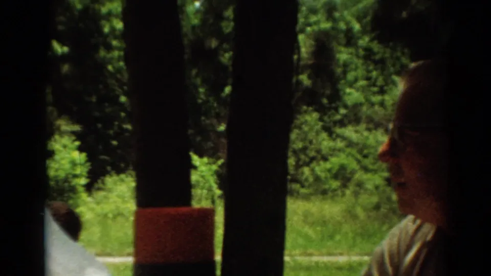 1964 Toledo home-movie frame of a man in glasses in profile near a window or shaded opening with trees outside.