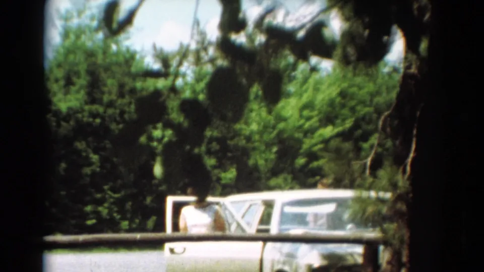 The white car continues along a leafy Toledo road, with a woman still visible near the passenger side.