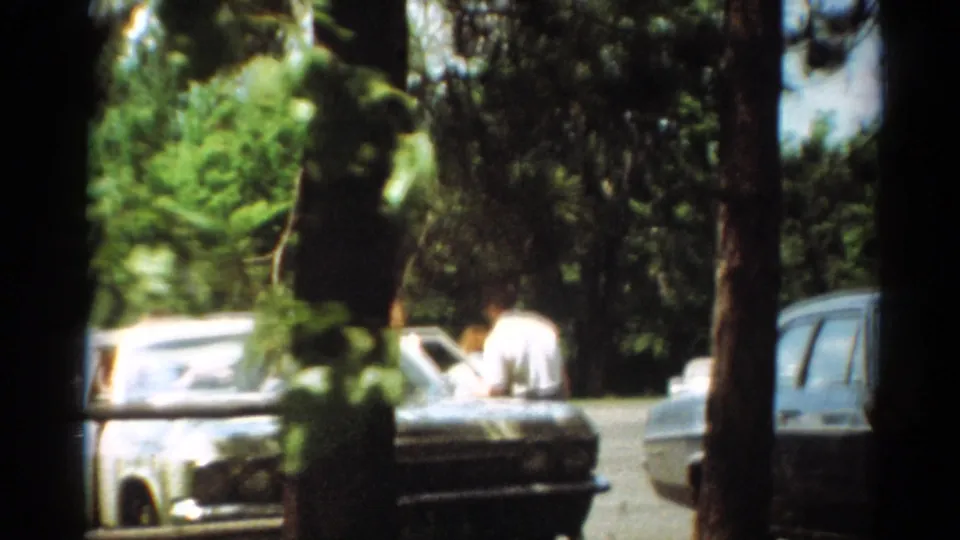 Final frame shows the white car near another vehicle on a tree-lined Toledo road, with people partly visible in the distance.