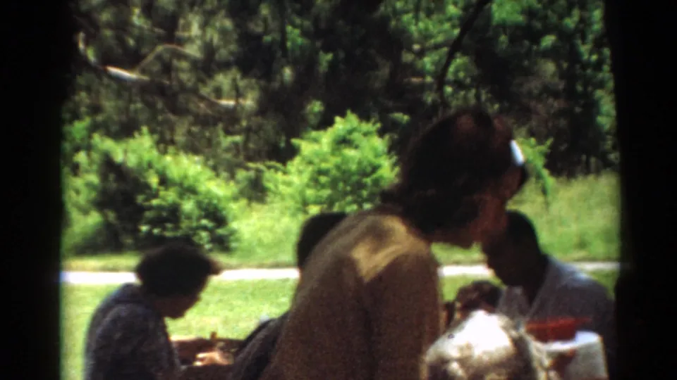 1964 Toledo park picnic scene with a woman standing near the table, seated adults, food, glasses, grass, and trees behind them.