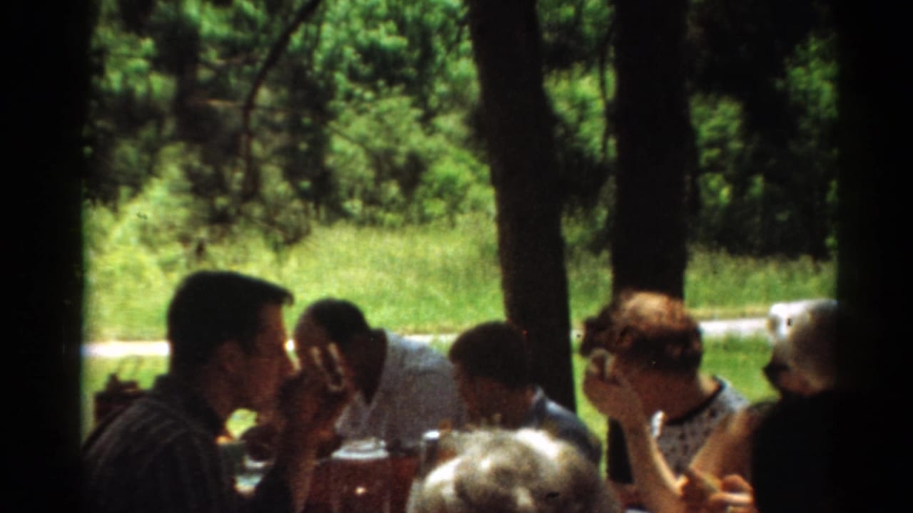 Adults seated at a shaded picnic table with trees and sunlit grass behind them.