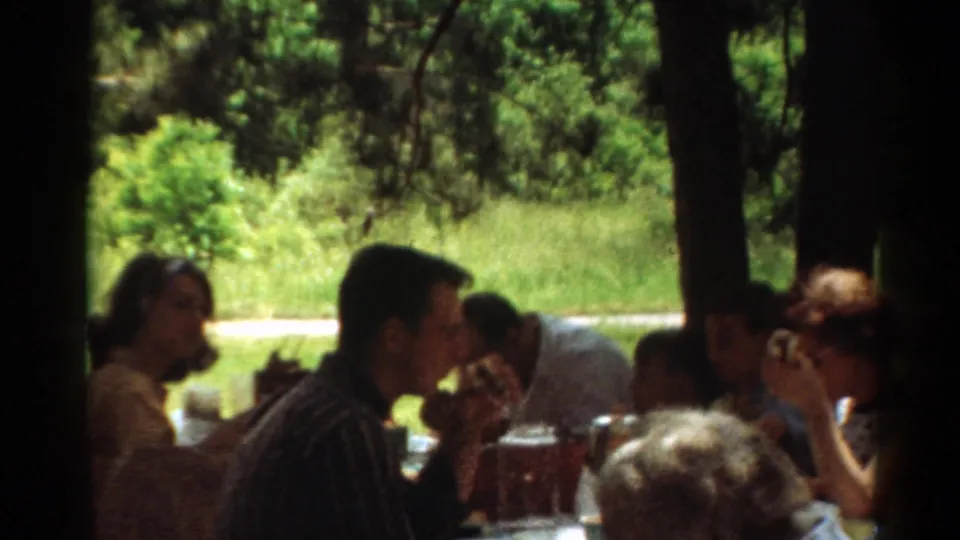 1964 Toledo picnic scene with adults in profile at a shaded table and bright grass beyond.
