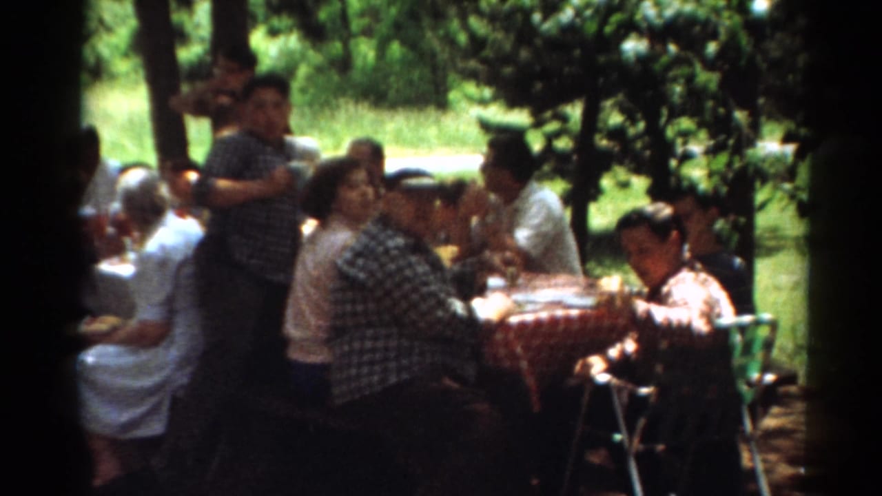 1964 Toledo home-movie frame of relatives gathered at a shaded picnic table with a boy standing nearby and trees behind them.