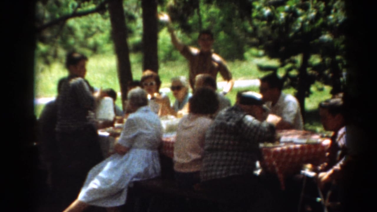 Adults in 1960s attire sit and stand around picnic tables at a Toledo park gathering.