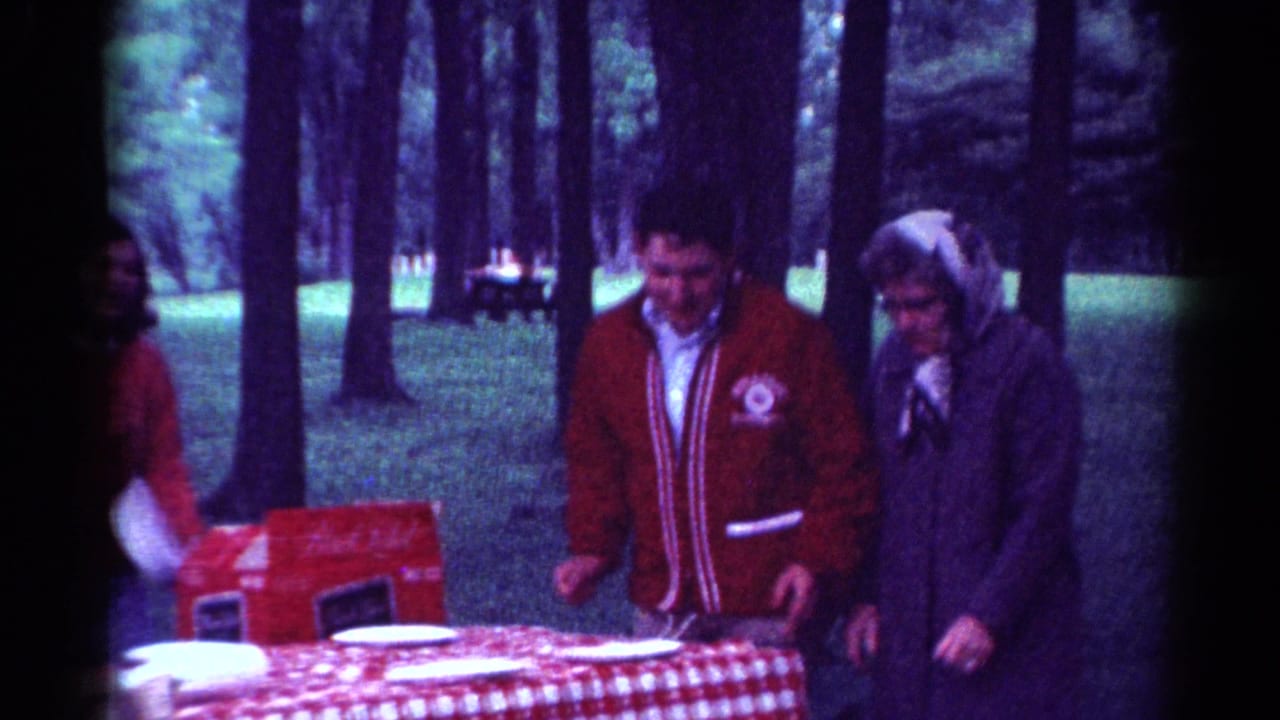 Adults arrange plates at a picnic table in a wooded park.