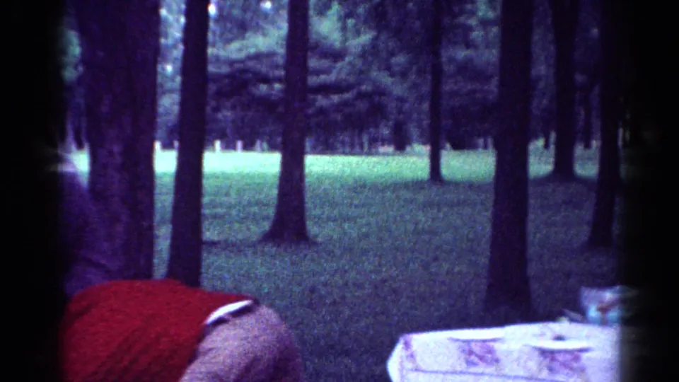 Home-movie frame from the Toledo park picnic showing a person bending near the table, with plates, a can, trees, and open grass visible.