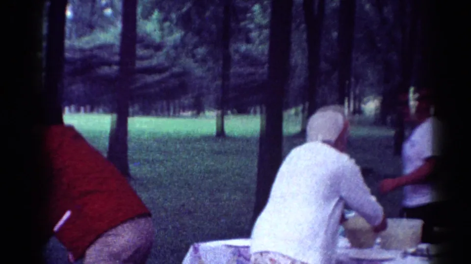 1964 Toledo picnic frame showing people near a table at the edge of the shot, with dense trees, lawn, and handheld 8mm framing.