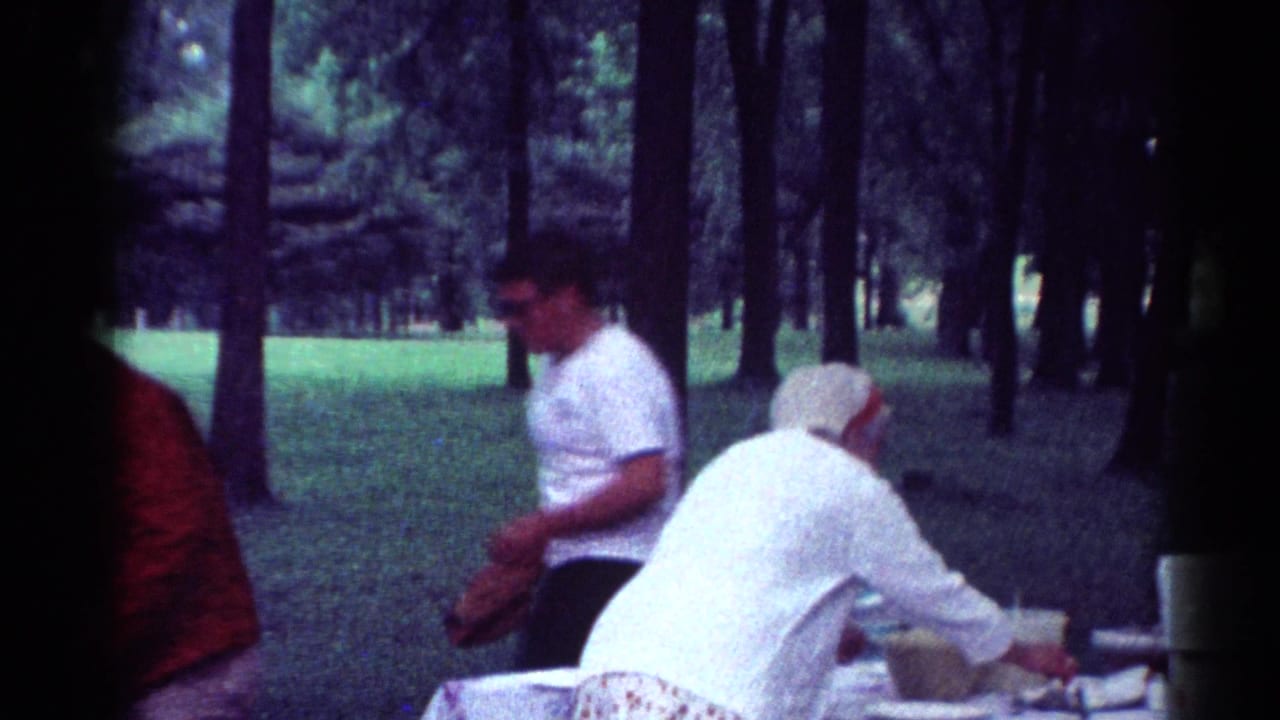 1964 Toledo home-movie frame showing people around a picnic table beneath tall trees in a wooded park.