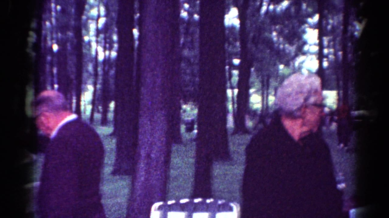 Older man stands near a picnic table as tall trees and a metal bench fill the park background.