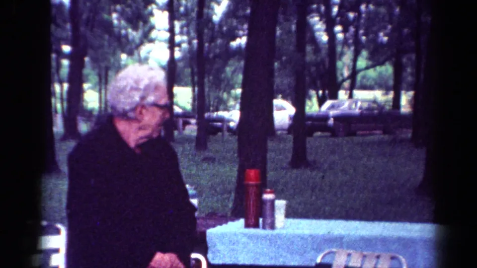 The older woman remains beside the picnic table in Toledo, Ohio, with a red thermos and parked 1960s cars visible beyond the trees.