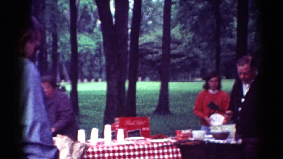 A wooded 1964 Toledo picnic scene shows adults handling dishes and cups around a red-and-white checkered tablecloth.