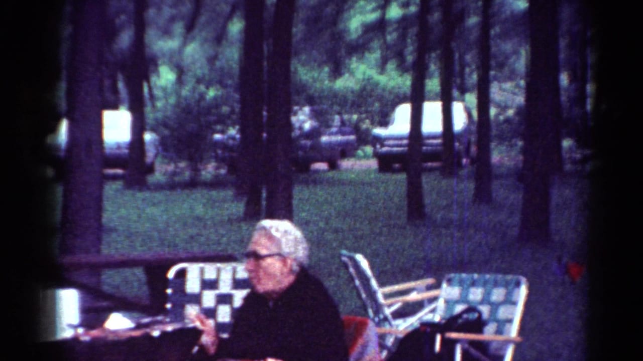 The woman remains seated at the picnic table in the wooded Toledo park setting, with patterned lawn chairs and cars in the background.