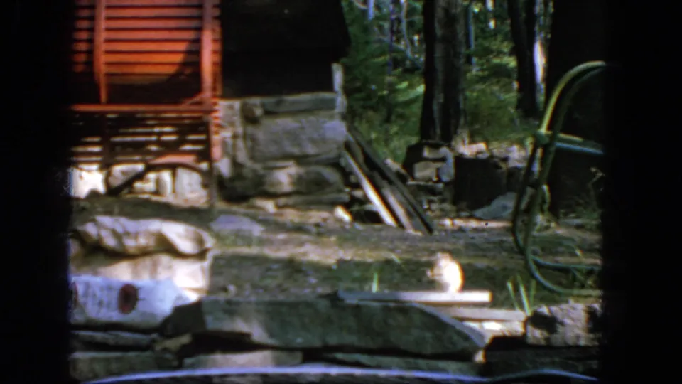 1964 Troy, New York home-movie frame of a wooded yard with stonework, red siding, and scattered patio items in sunlight.