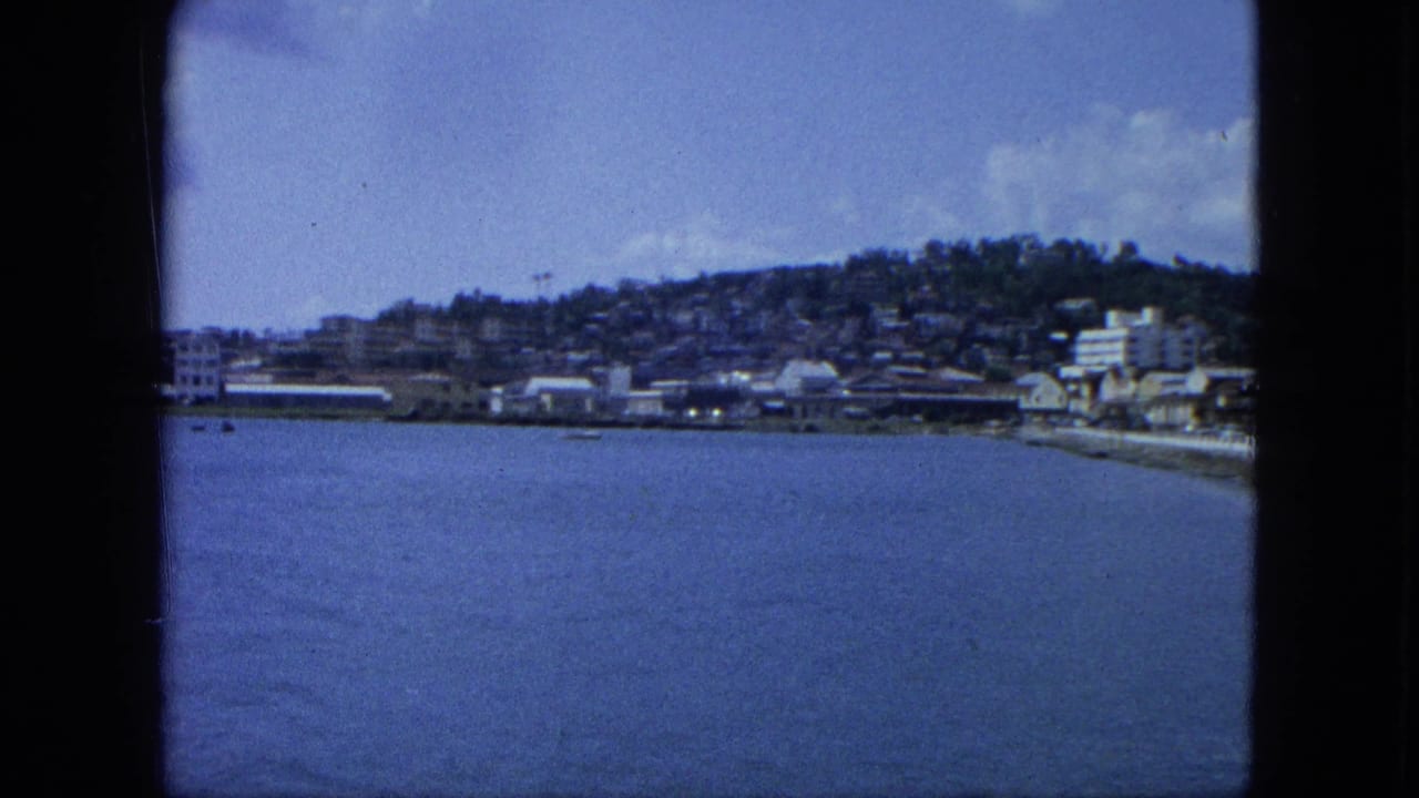 Waterfront town seen across blue water with a hill and low buildings along the shore.