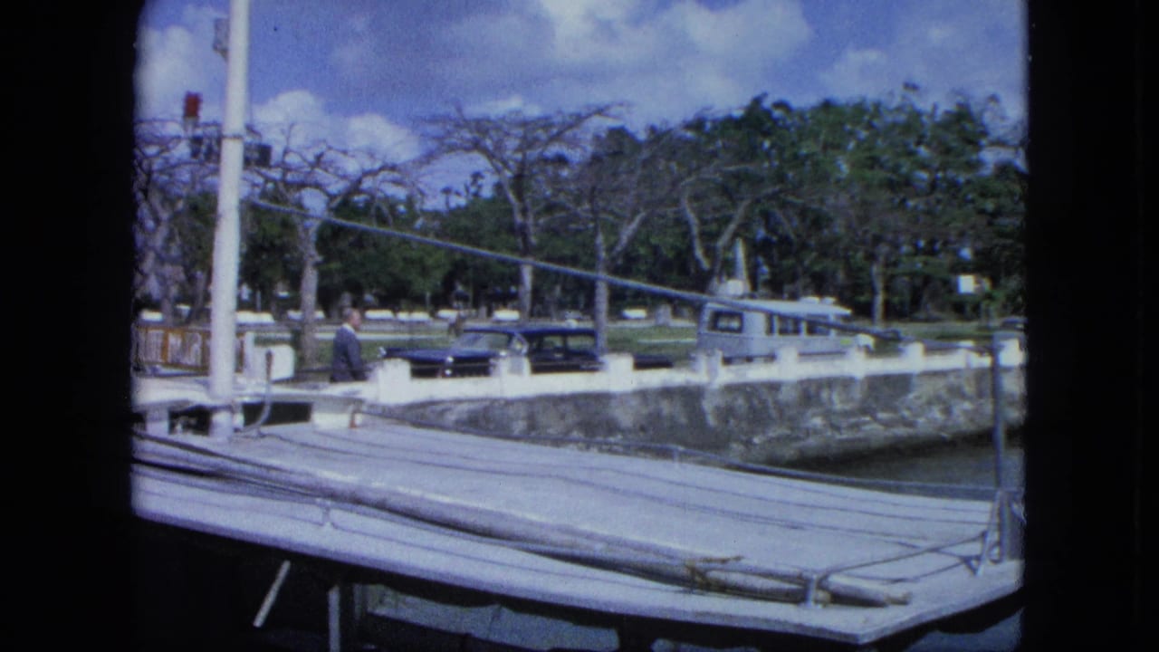 Dock foreground with a stone seawall, parked cars, a small boat, and trees beyond.