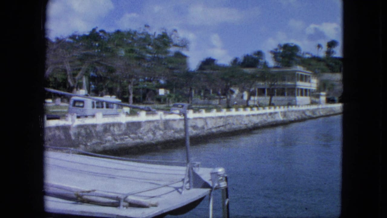 Harbor water beside a stone seawall, with a white van, trees, and a porch-front house above the road.