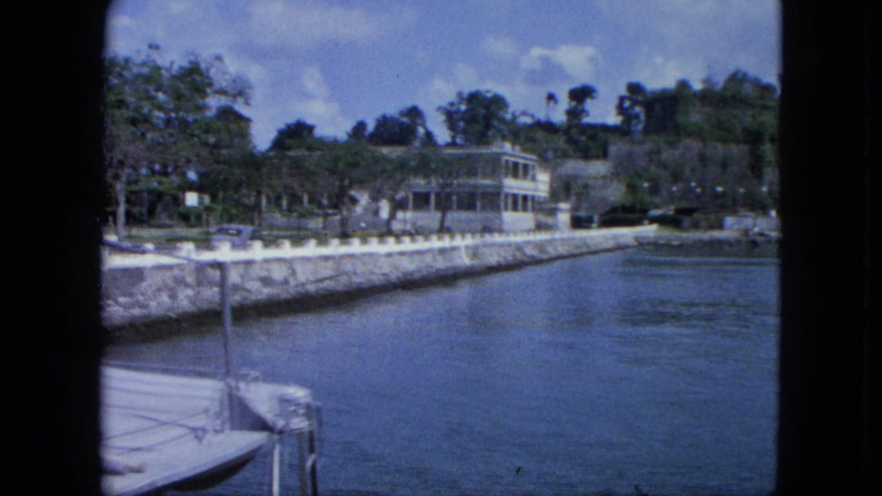 Waterfront road and stone seawall with a white house, trees, parked vehicles, and harbor water in front.
