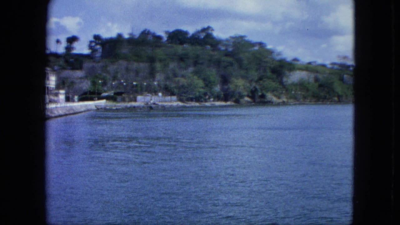 Harbor water and wooded shoreline seen through a dark window frame.