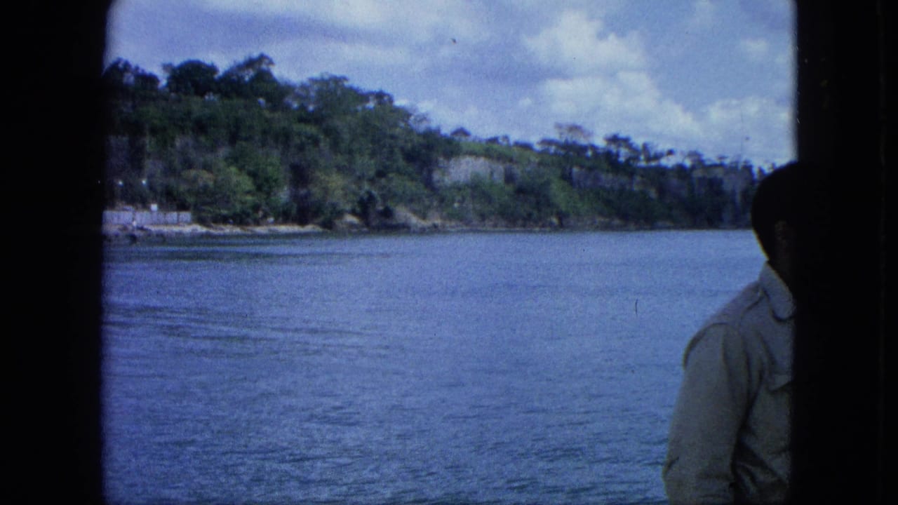 Partial figure at a window beside blue harbor water and a wooded shoreline.