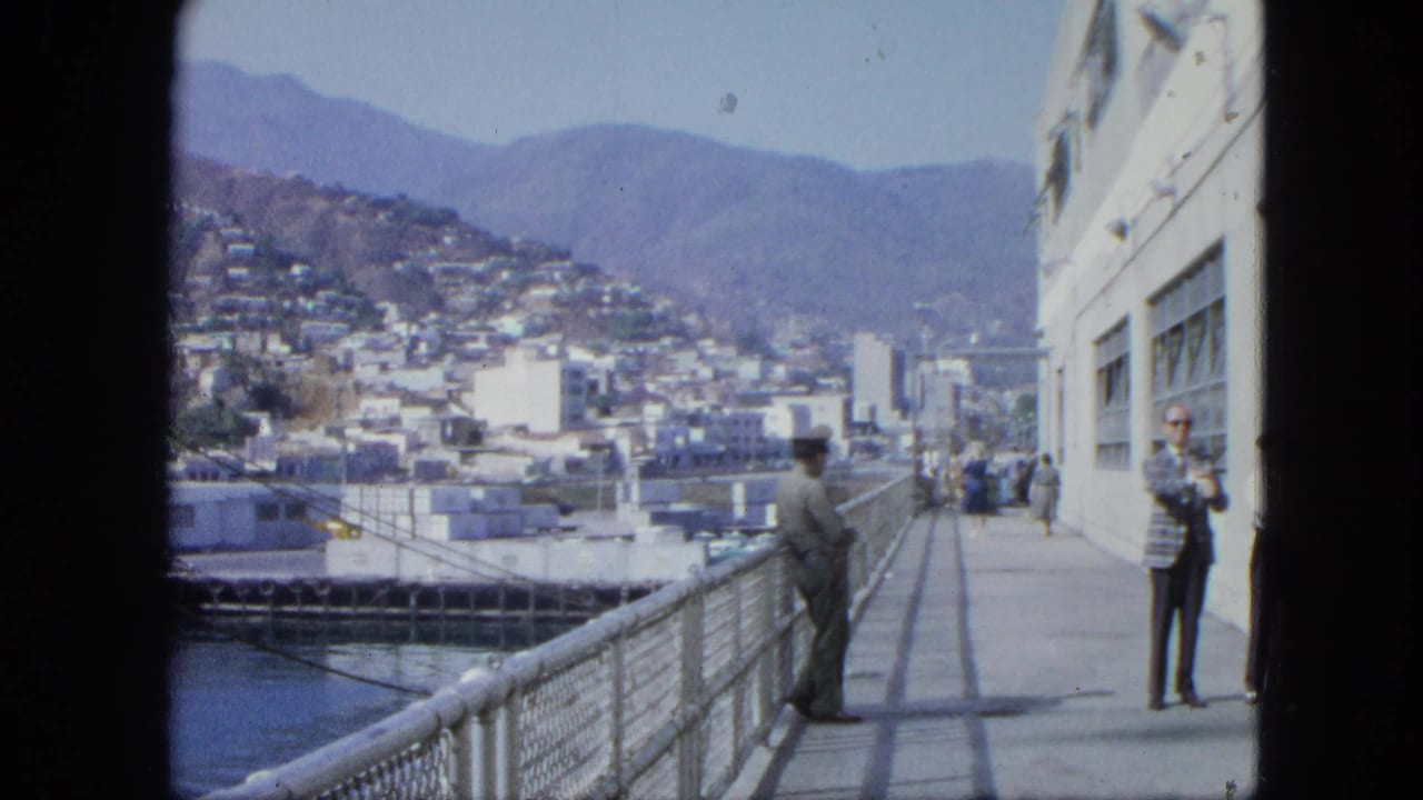 Man at the pier railing faces the harbor while other people stand near a white building.