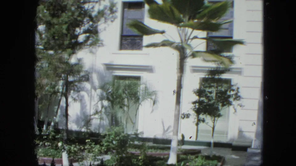 1964 8mm frame with a white exterior wall, dark window shutters, palm fronds, shrubs, and a low iron fence in front.