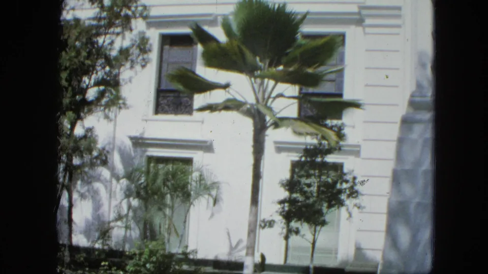 1964 8mm frame showing a closer portion of the white facade with a tall palm, shuttered windows, garden plants, and sunlit paving.