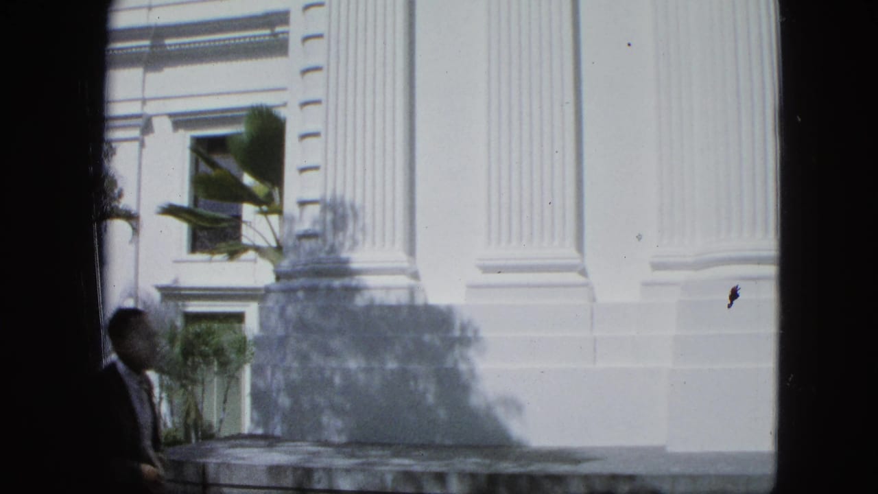 A man in dark clothing walks near a sunlit white building with tall fluted columns, windows, palm fronds, and deep shadows.