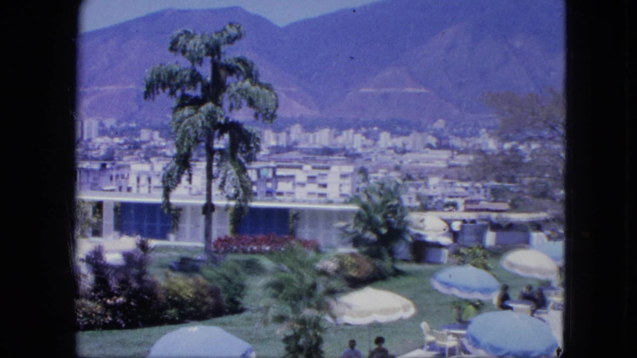 Wide 8mm view of a tropical resort lawn with palms, umbrellas, seated guests, modern buildings, distant city, and mountains.