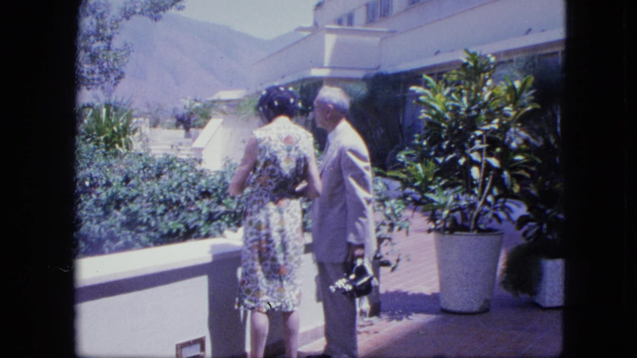 Adult couple seen from behind on a sunny hotel terrace with plants and mountains beyond.