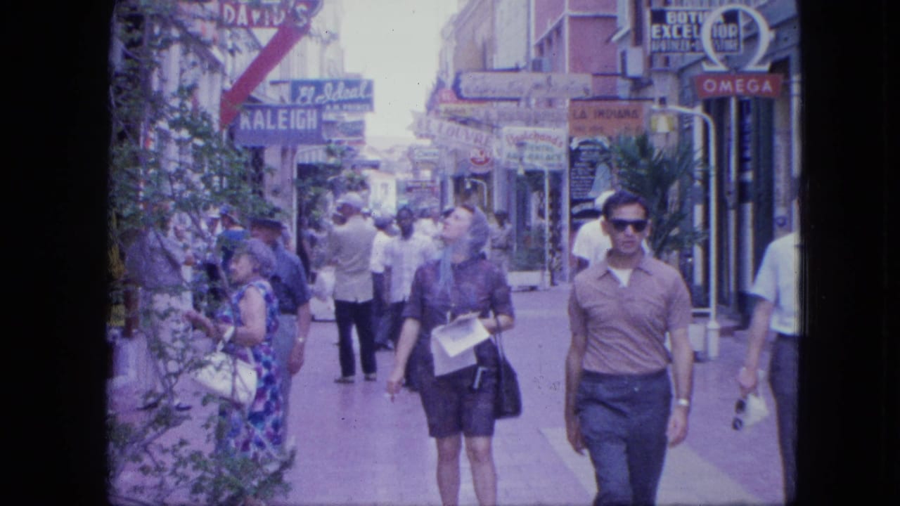 Pedestrians walk along a shop-lined sidewalk with vintage signs and planters.