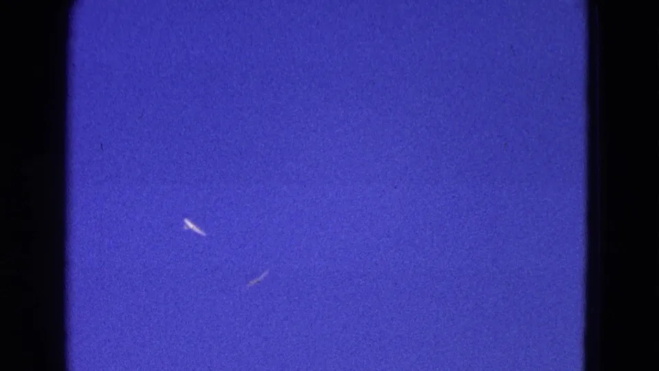 1964 Washington, DC home-movie frame showing blue sky, small distant aircraft shapes, and visible 8mm film gate edges.